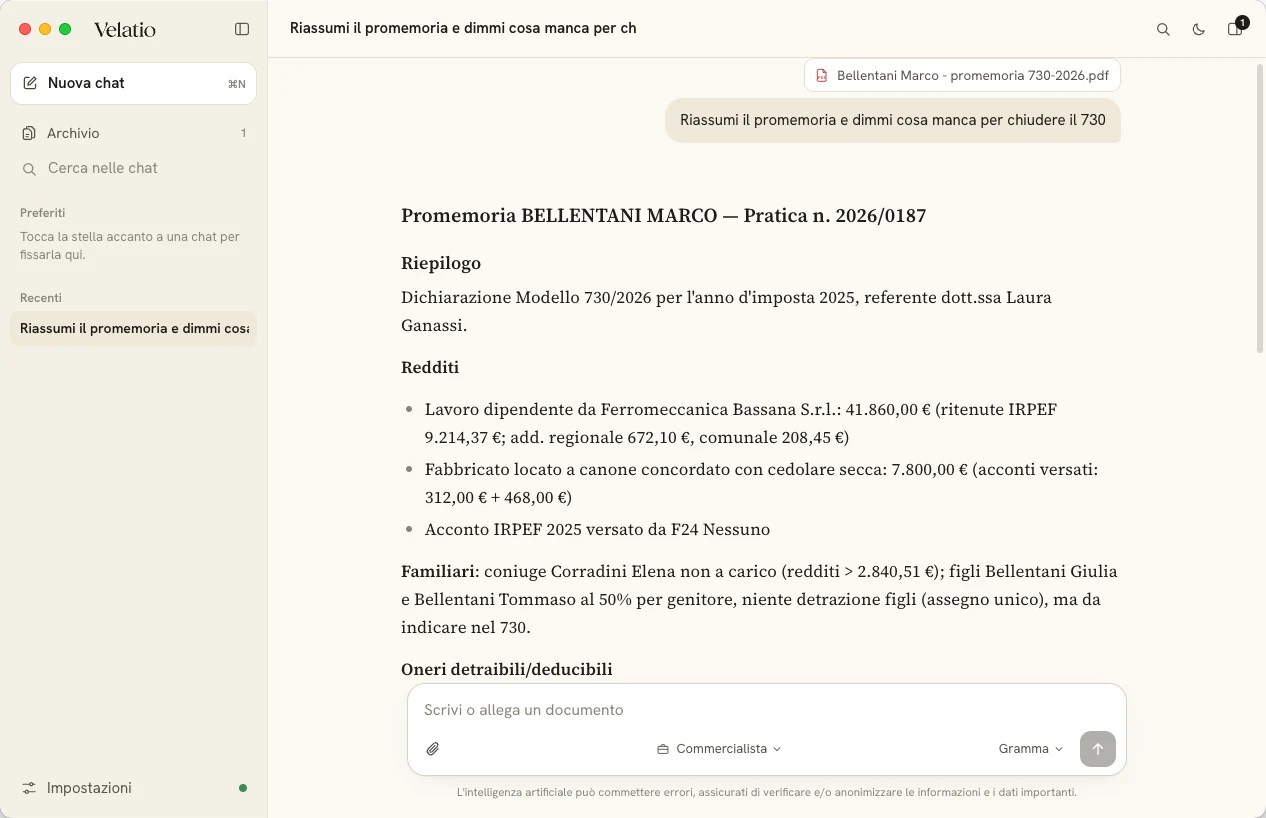 La risposta del modello con i nomi e gli importi veri rimessi al loro posto